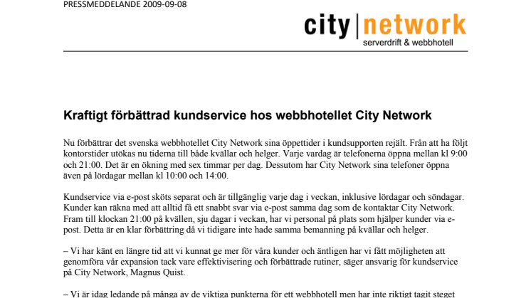 Kraftigt förbättrad kundservice hos webbhotellet City Network
