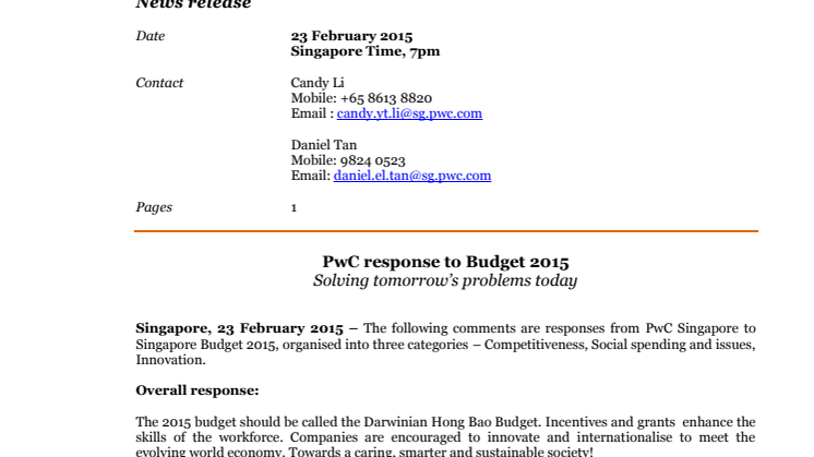 PwC response to Budget 2015 - Solving tomorrow's problems today