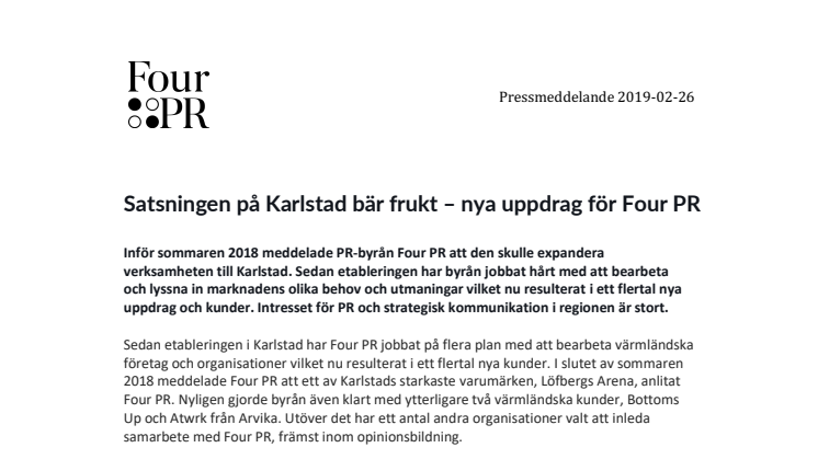 Satsningen på Karlstad bär frukt – nya uppdrag för Four PR
