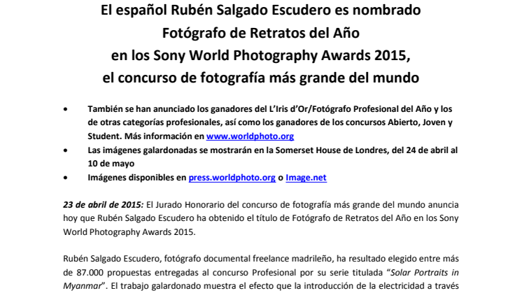 El español Rubén Salgado Escudero es nombrado  Fotógrafo de Retratos del Año en los Sony World Photography Awards 2015, el concurso de fotografía más grande del mundo