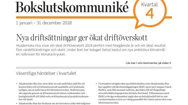 Akademiska Hus bokslutskommuniké 2018