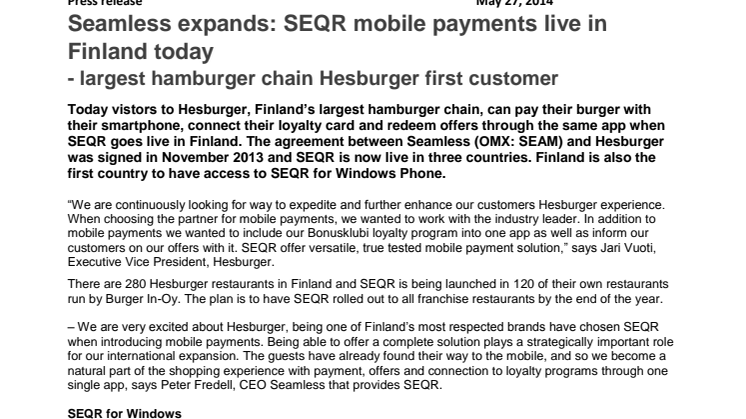 Seamless expands: SEQR mobile payments live in Finland today  - largest hamburger chain Hesburger first customer