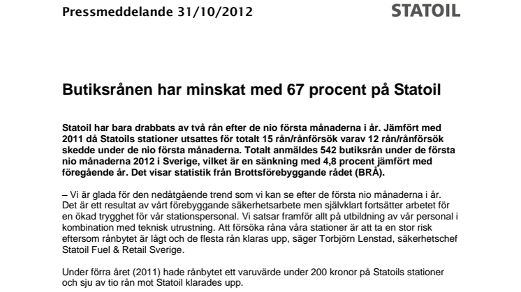 Butiksrånen har minskat med 67 procent på Statoil 