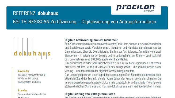 procilon Referenzblatt | dokuhaus Archivcenter GmbH - BSI TR-RESISCAN Zertifizierung - Digitalisierung von Antragsformularen