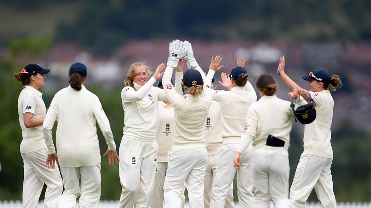 Sophie Ecclestone celebrates a wicket in the warm-up fixture with Australia A. Photo: Getty Images