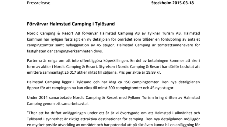 Nordic Camping & Resort AB förvärvar Halmstad Camping i Tylösand
