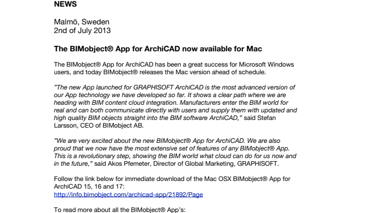 The BIMobject® App for ArchiCAD now available for Mac