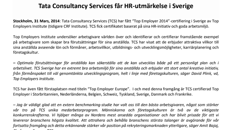 Tata Consultancy Services får HR-utmärkelse i Sverige