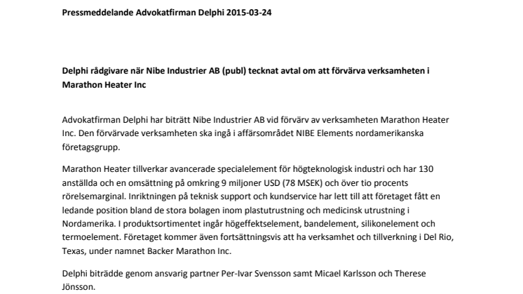 Delphi rådgivare när Nibe Industrier AB (publ) tecknat avtal om att förvärva verksamheten i Marathon Heater Inc