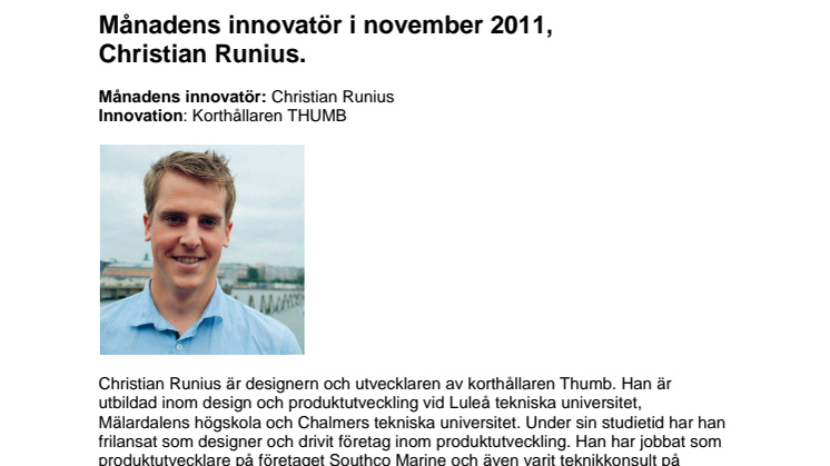 Christian Runius, Månadens innovatör i november