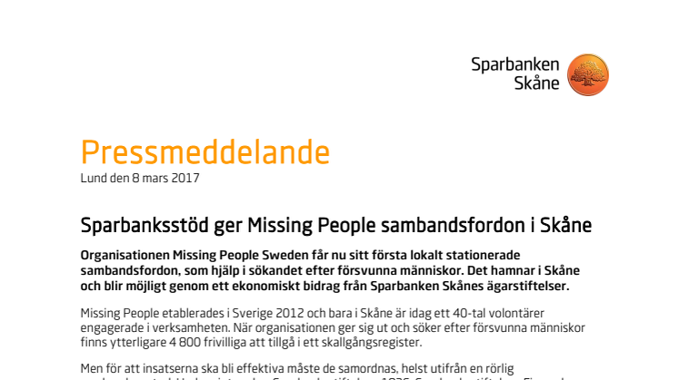 Sparbanksstöd ger Missing People sambandsfordon i Skåne