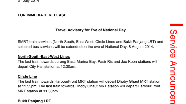 Travel Advisory for Eve of National Day