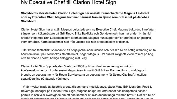 Ny Executive Chef till Clarion Hotel Sign
