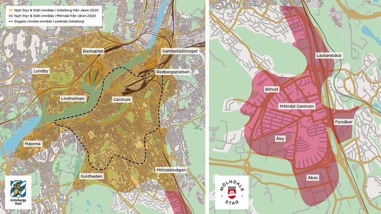 Kartan visar var nästa generation av lånecykelsystemet Styr & Ställ kommer att finnas i Göteborg och Mölndal från  våren 2020. Karta: Göteborgs Stad