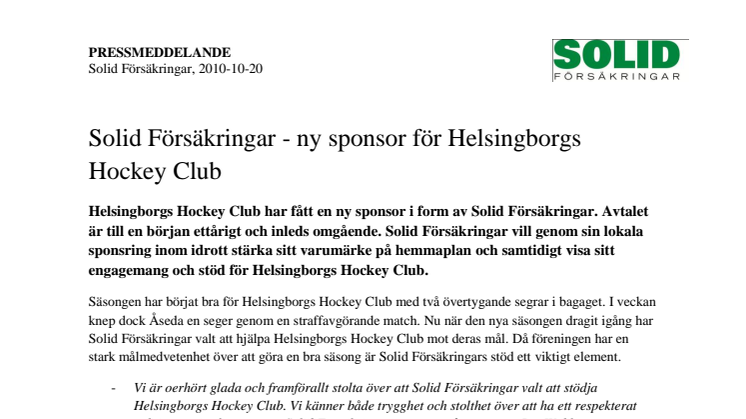 Solid Försäkringar - ny sponsor för Helsingborgs Hockey Club