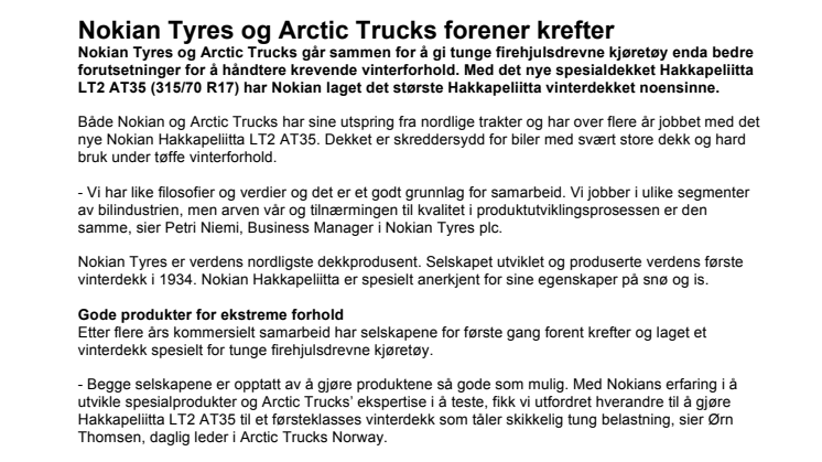 Nokian Tyres og Arctic Trucks forener krefter