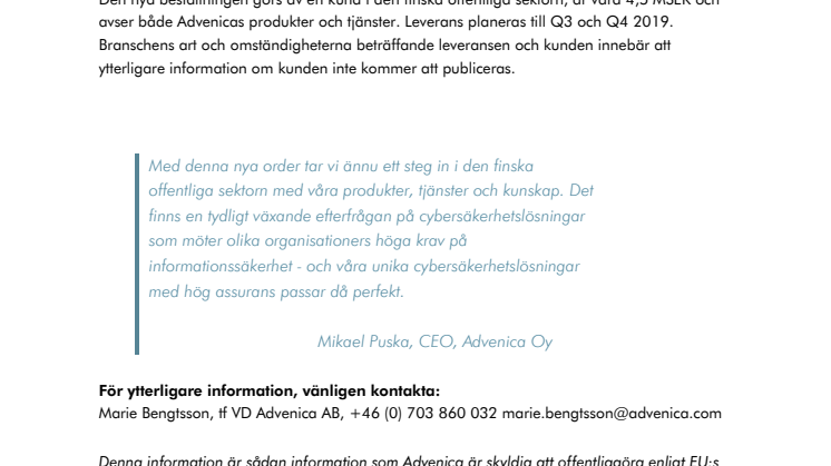 Finsk order värd 4,5 MSEK för Advenica