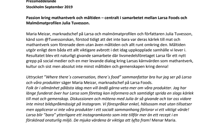 Passion kring mathantverk och måltiden – centralt i samarbetet mellan Larsa Foods och Malmömatprofilen Julia Tuvesson.