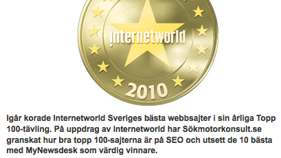 MyNewsdesk bland Sveriges 100 bästa sajter och 1:a plats för bäst SEO i #Topp100