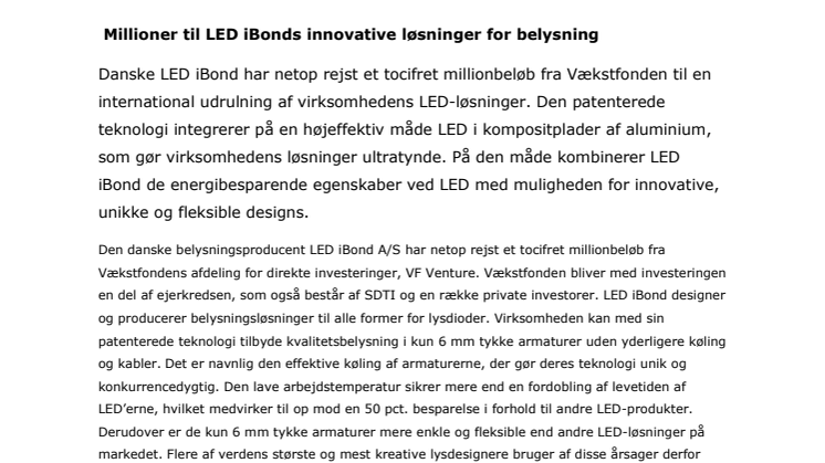 Millioner til LED iBonds løsninger for belysning