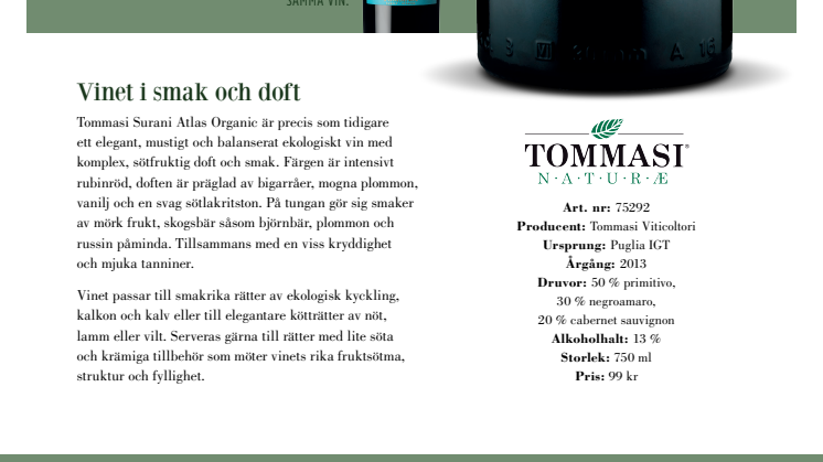 Tommasi Surani Atlas Organic - Naturvänligt från vinfält till konsument.