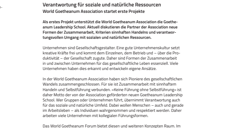 Verantwortung für soziale und natürliche Ressourcen. ​World Goetheanum Association startet erste Projekte