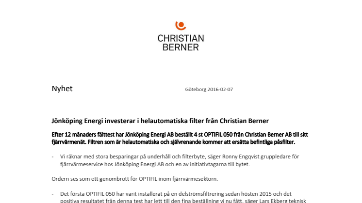 Jönköping Energi investerar i helautomatiska filter från Christian Berner