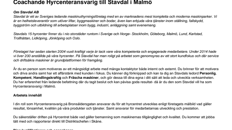 Coachande Hyrcenteransvarig till Stavdal i Malmö