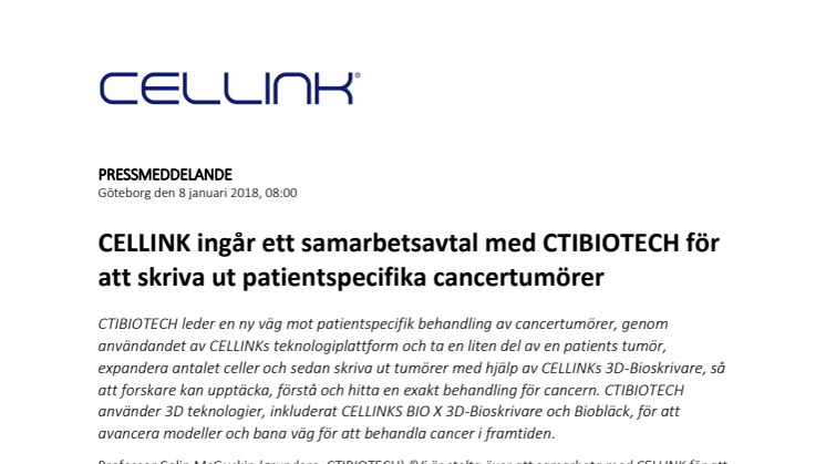 CELLINK ingår ett samarbetsavtal med CTIBIOTECH för att skriva ut patientspecifika cancertumörer