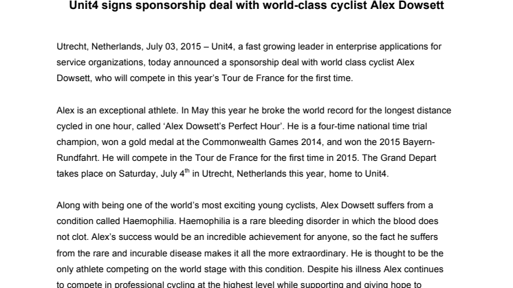 ​Unit4 sponsrar Alex Dowsett i Tour de France