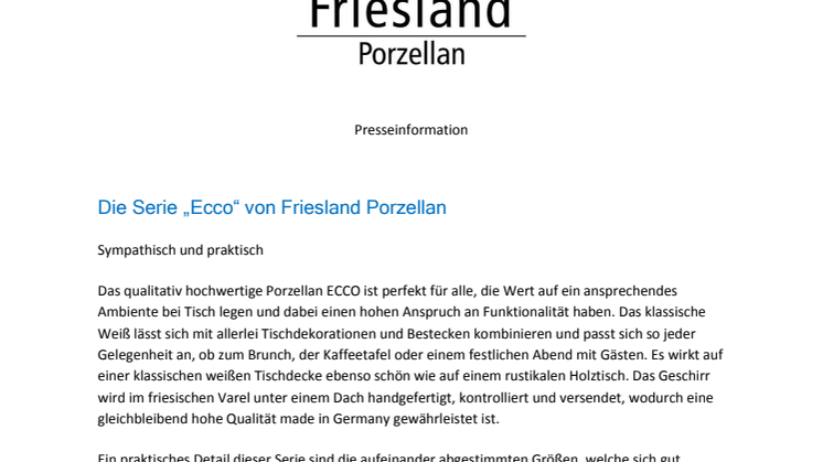 Presseinformation: Die Serie „Ecco“ von Friesland Porzellan - Sympathisch, praktisch, ausgezeichnet