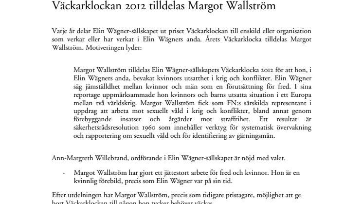 Väckarklockan 2012 tilldelas Margot Wallström