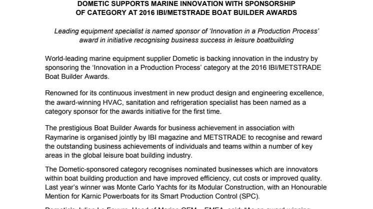 Dometic: Supports Marine Innovation with Sponsorship of Category at 2016 IBI/METSTRADE Boat Builder Awards