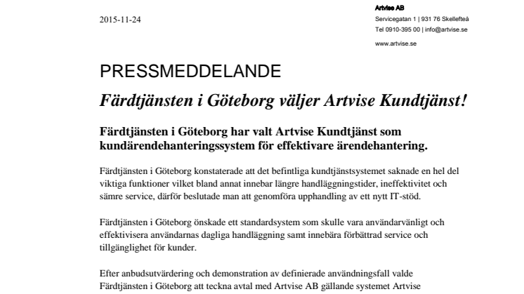 Färdtjänsten i Göteborg väljer Artvise Kundtjänst! 
