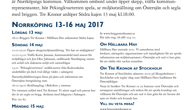 Program - Hållbara Hav och Briggen Tre Kronor gästar Norrköping 13-16 maj