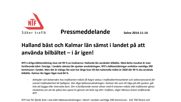 Halland bäst och Kalmar län sämst på att använda bilbältet – i år igen!