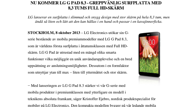 NU KOMMER LG G PAD 8.3 - GREPPVÄNLIG SURFPLATTA MED 8,3 TUMS FULL HD-SKÄRM