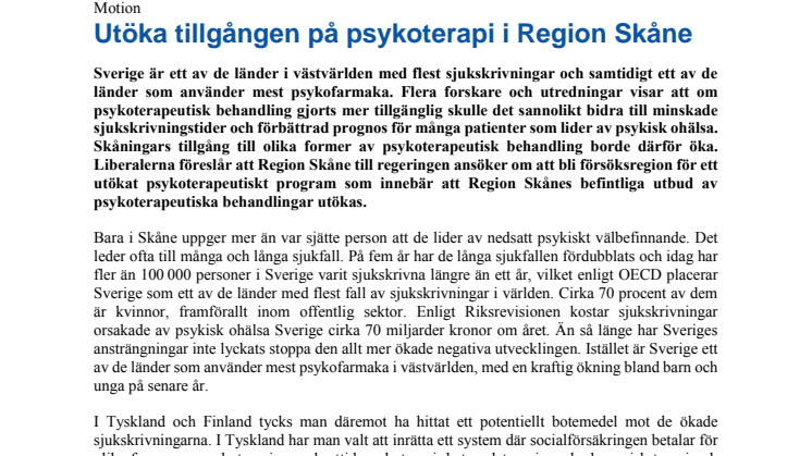 L: Utöka tillgången på psykoterapi i Region Skåne 