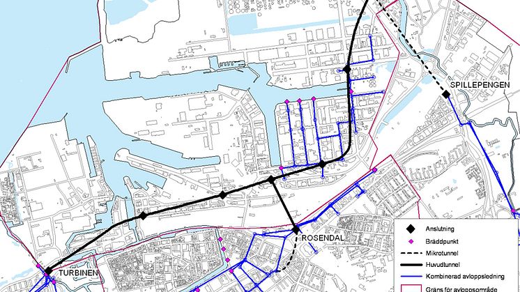 Karta över tänkt sträckning av Malmö avloppstunnel