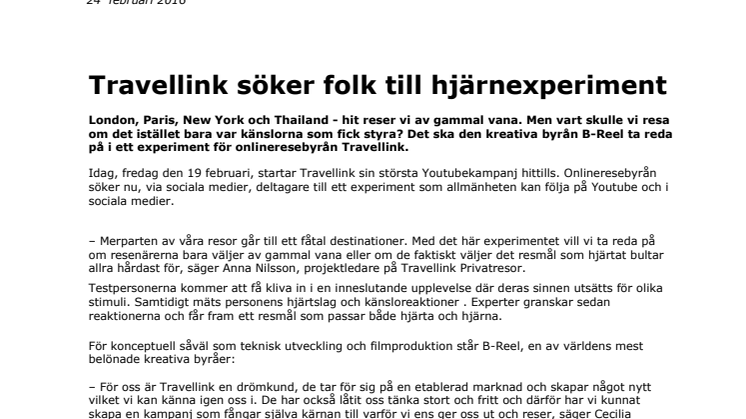 ​Travellink söker folk till hjärnexperiment