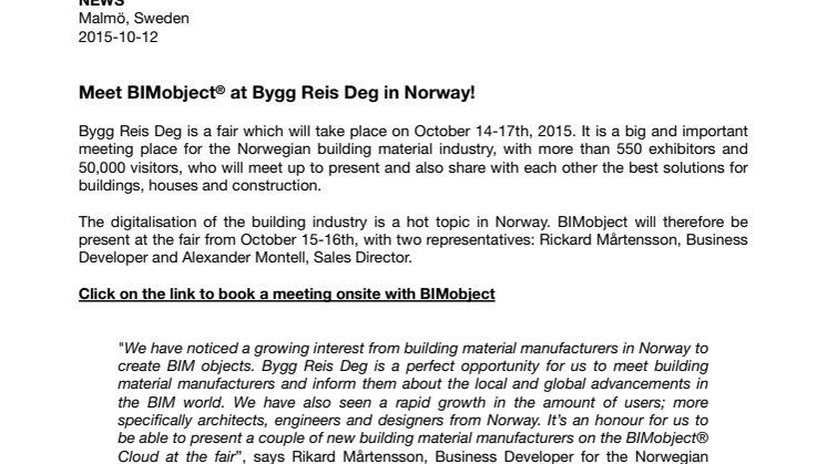 ​Meet BIMobject® at Bygg Reis Deg in Norway!