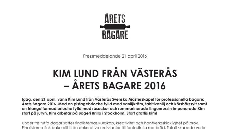 Kim Lund från Västerås – Årets Bagare 2016