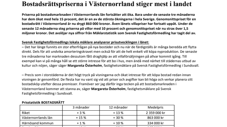 Bostadsrättspriserna i Västernorrland stiger mest i landet