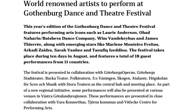 World renowned artists to perform at Gothenburg Dance and Theatre Festival