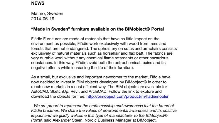 “Made in Sweden” furniture available on the BIMobject® Portal 
