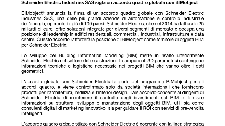 Schneider Electric Industries SAS sigla un accordo quadro globale con BIMobject