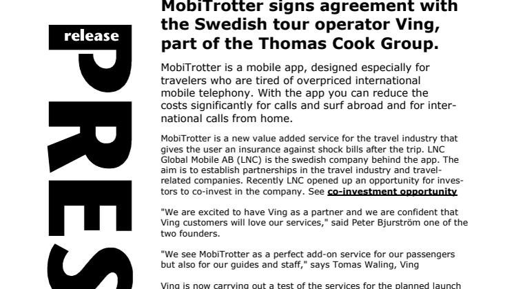 MobiTrotter signs agreement with the Swedish tour operator Ving, part of the Thomas Cook Group