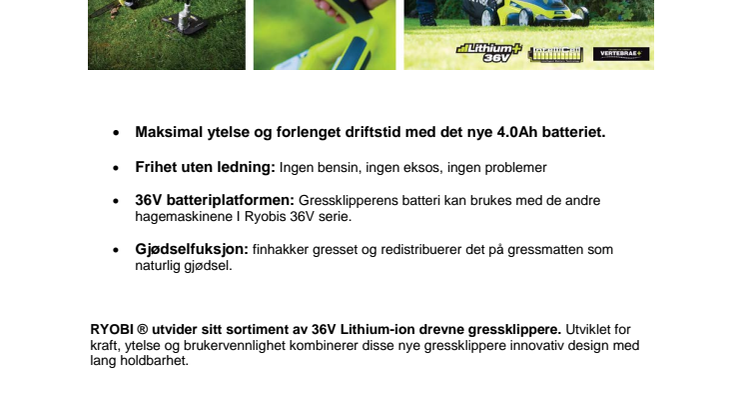 Nye 36 Volt Lithium+ gressklippere fra RYOBI® 