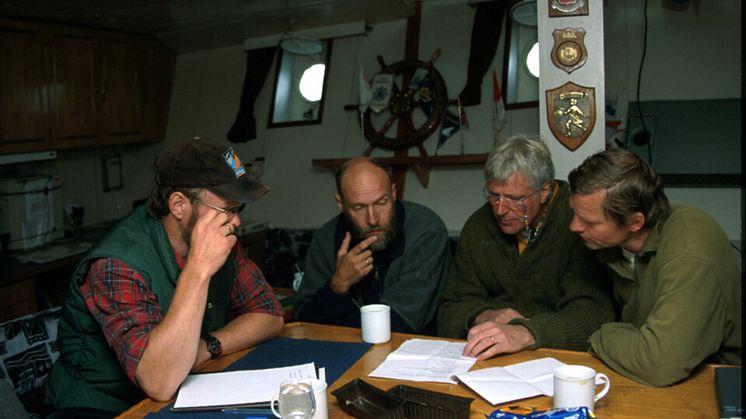 Haakon Hop, Jan-Marc Marcin Węsławski head of cruise, Stig Falk-Petersen and Salve Dahle onboard Oceania in 1996.jpg