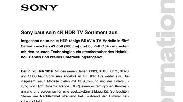 Sony baut sein 4K HDR TV Sortiment aus 